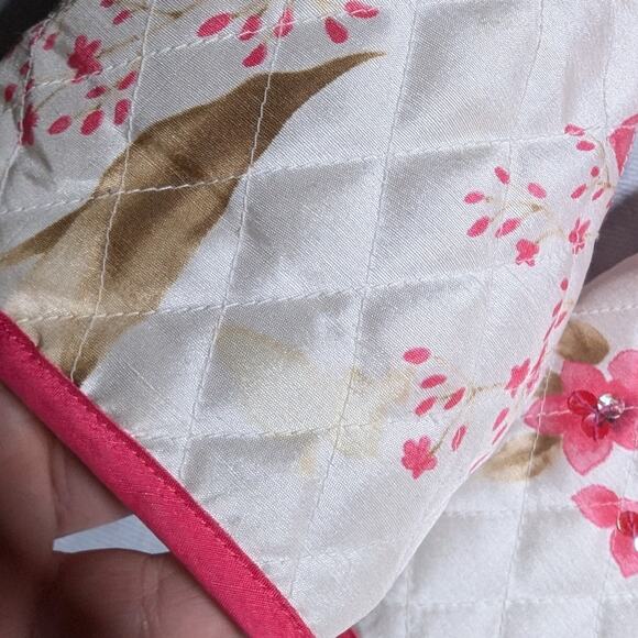 Vtg 1990s Anne Carson White Pink Quilted Floral 100% Silk Button Up Jacket Sz L - Picture 4 of 5
